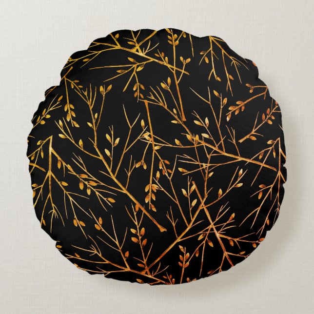 Burnt Orange Twigs on Black Round Pillow (Front)
