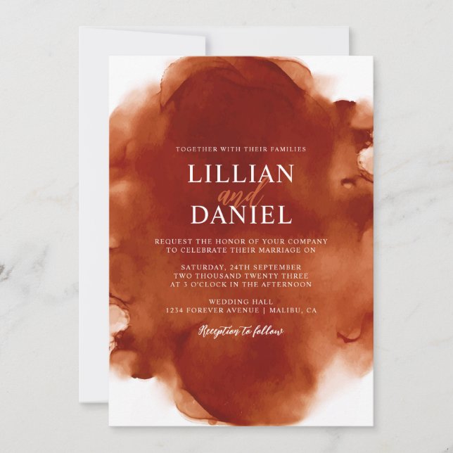 Burnt Orange Watercolor Photo Wedding Invitation (Front)