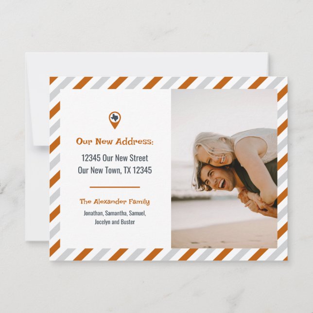 Burnt Orange We Have Moved Striped Moving Photo (Back)