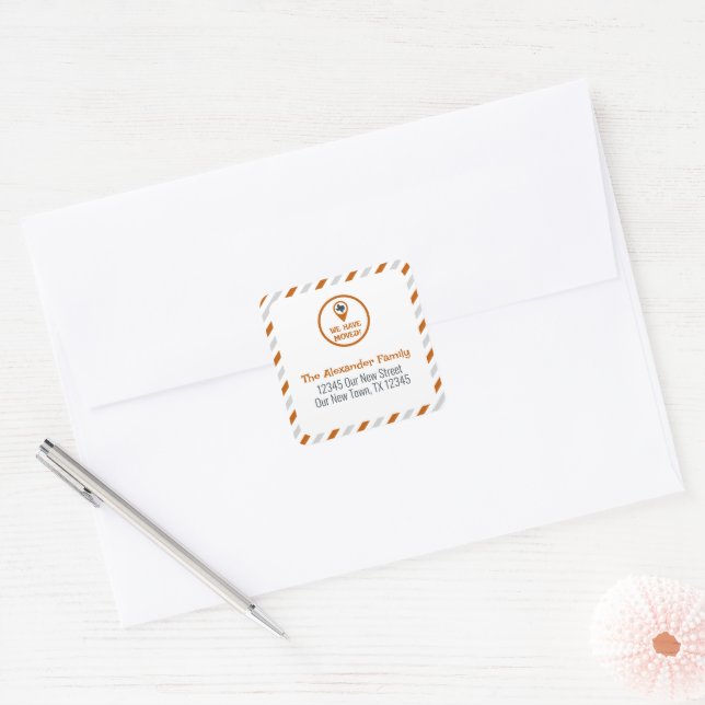 Burnt Orange We Have Moved Striped Moving  Square Sticker (Envelope)