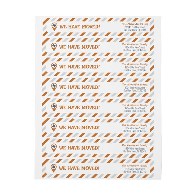 Burnt Orange We Have Moved Striped Moving  Wrap Around Label (Sheet)