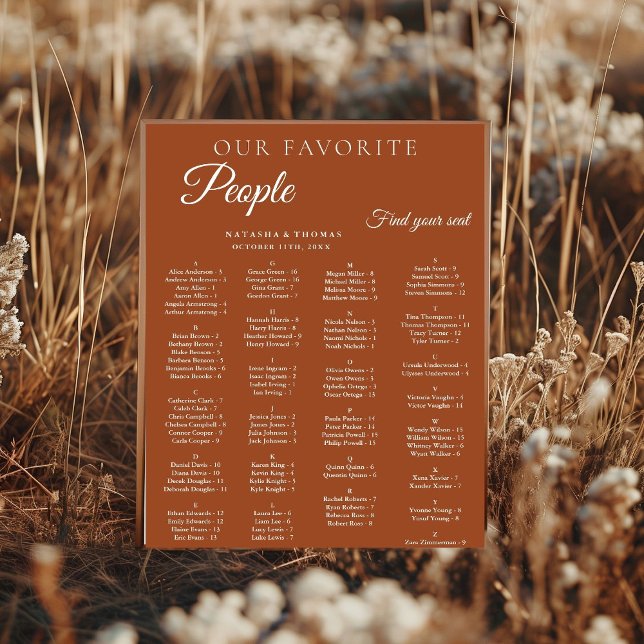 Burnt Orange Wedding Alphabetical Seating Chart (Creator Uploaded)