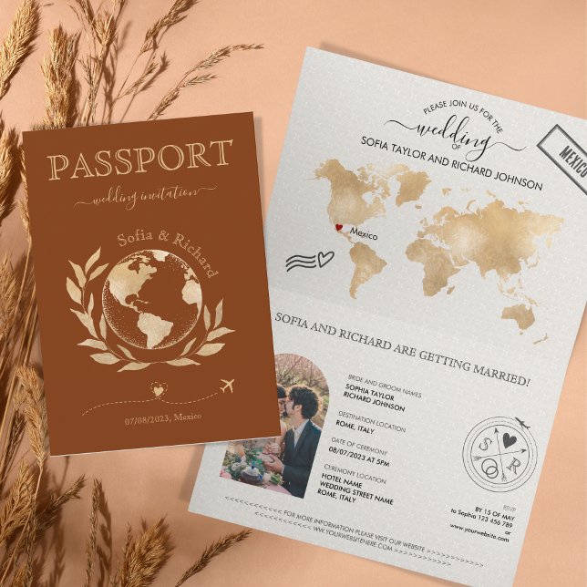 Burnt Orange Wedding Destination Passport World  Invitation (Creator Uploaded)