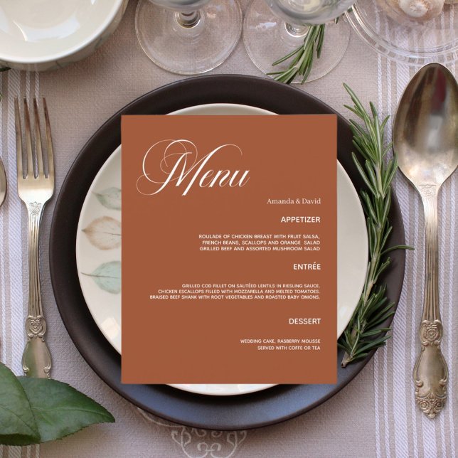 Burnt orange wedding dinner menu card (Creator Uploaded)