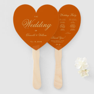 Burnt Orange Wedding Program Heart Elegant Script Hand Fan