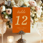 Burnt Orange Wedding Simple Golden Yellow Script Table Number<br><div class="desc">A simple wedding table number for a burnt orange wedding colour. It is just golden yellow text on a burnt orange background. Everything except the number itself is written in an elegant calligraphic script.</div>