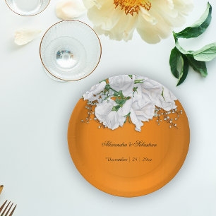 Burnt Orange White Botanical Wedding  Paper Plate