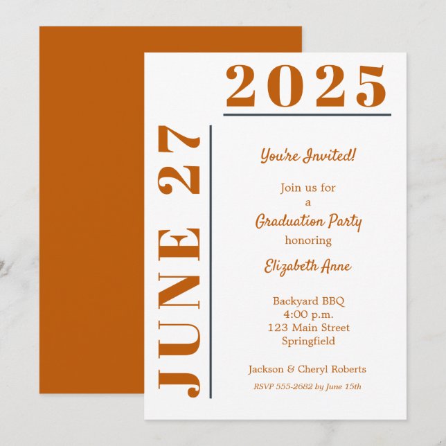 Burnt Orange White Graduation Party Invitation (Front/Back)
