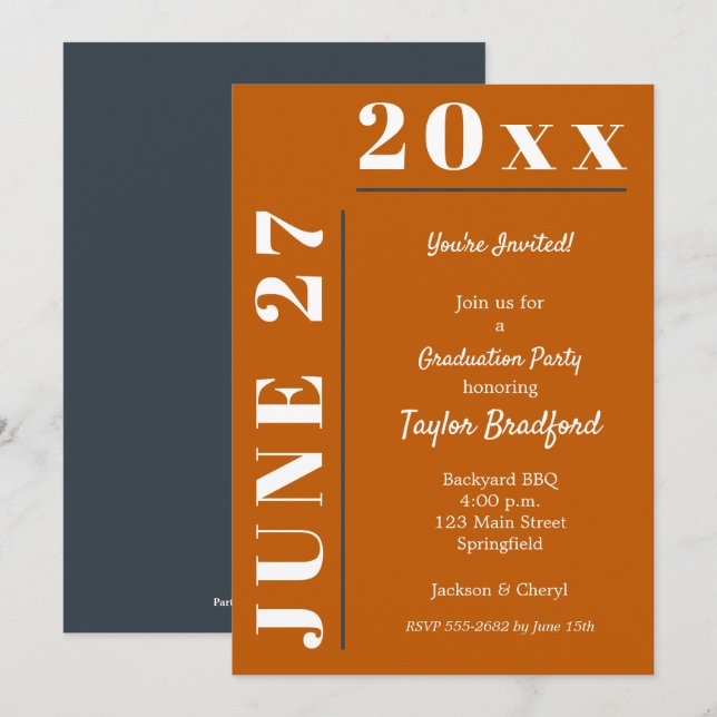 Burnt Orange White Graduation Party Invitations (Front/Back)