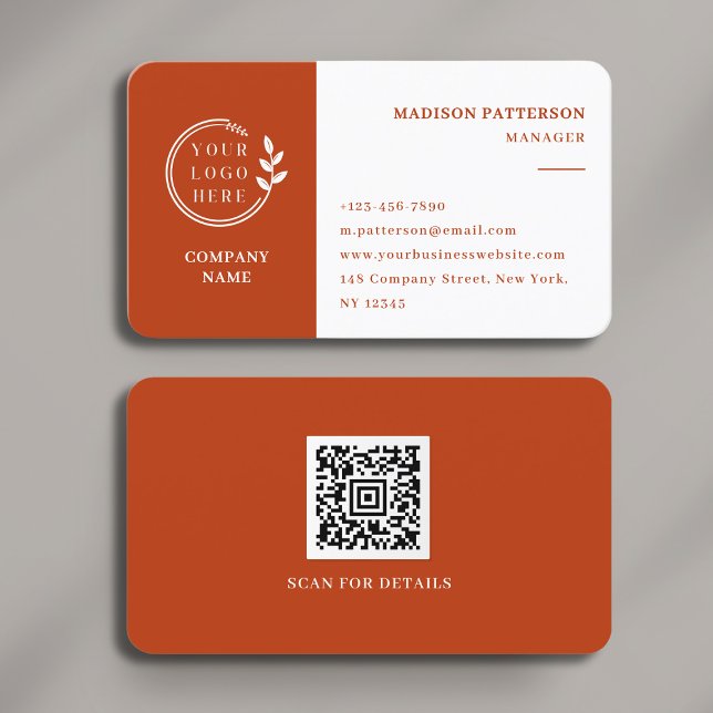 Burnt Orange White Logo QR Code Minimalist Modern Business Card (Creator Uploaded)