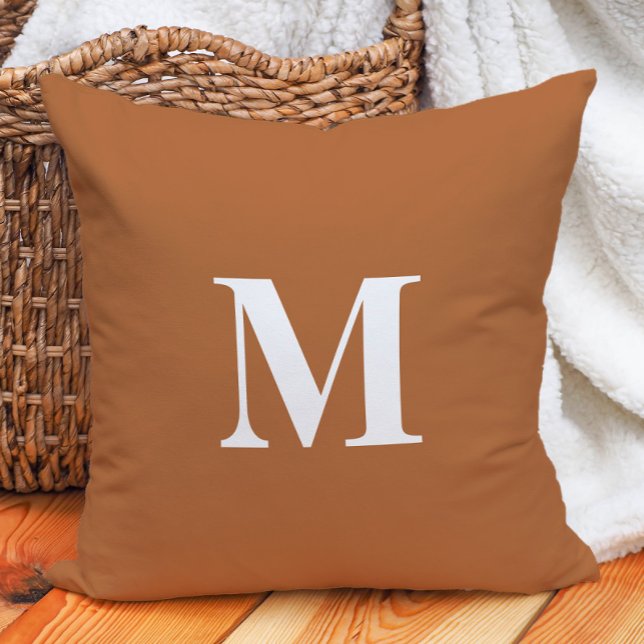 Burnt Orange White Monogram Initial Throw Pillow (Burnt orange and white monogram decorator pillow)