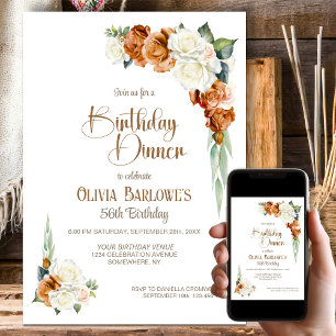 Burnt Orange White Rose Floral Birthday Dinner Invitation