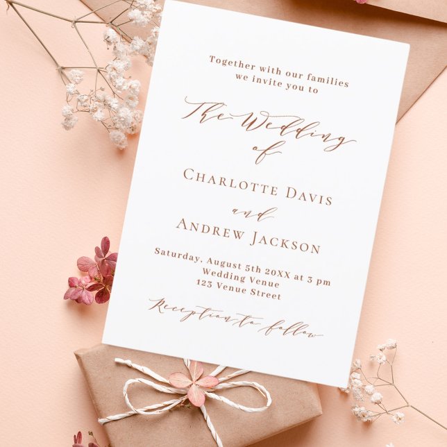 Burnt orange white script modern simple wedding invitation (Creator Uploaded)
