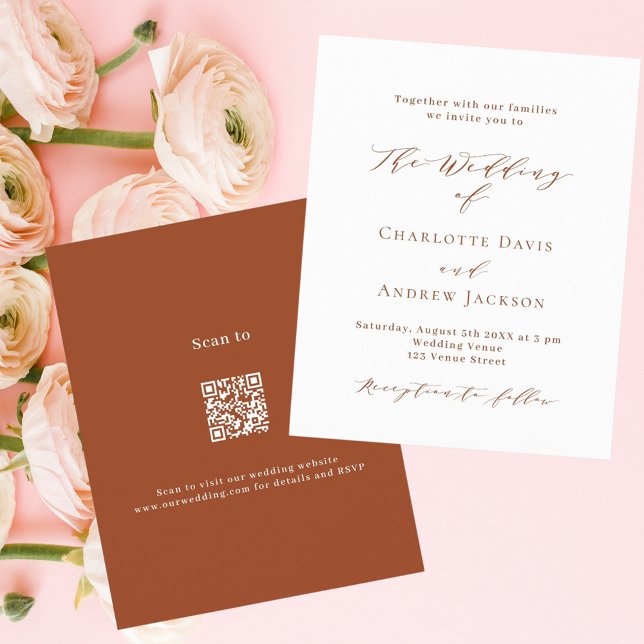 Burnt orange white script QR RSVP budget wedding (Creator Uploaded)