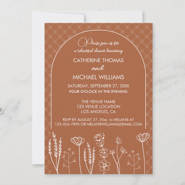 Burnt Orange Wildflower Bohemian Arch Wedding Invitation (Front)