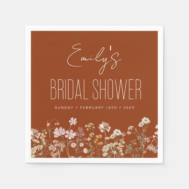 Burnt Orange Wildflower Boho Bridal Shower Napkin (Front)