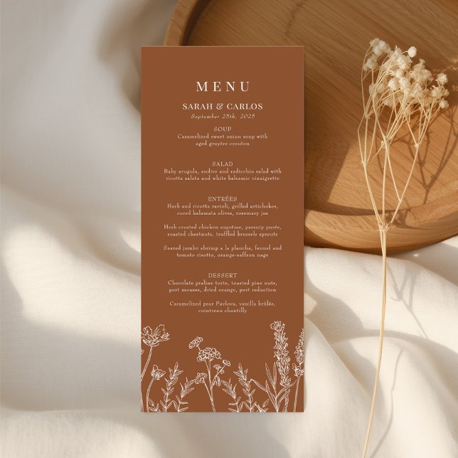 Burnt Orange Wildflower Wedding Flat Menu (Creator Uploaded)