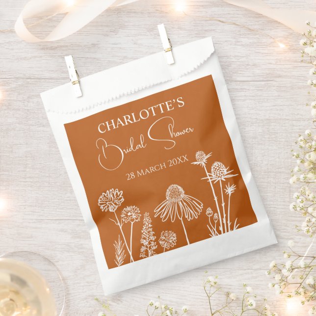 Burnt Orange Wildflowers Sketched Floral  Favour Bag (Clipped)
