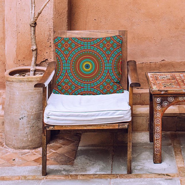 Burnt Red Ochre Teal Rustic Boho Geometric Pattern Outdoor Pillow (Creator Uploaded)