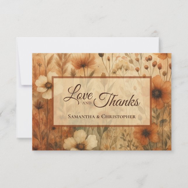 Burnt Sienna Boho Chic Floral Love Thanks Wedding Thank You Card (Front)