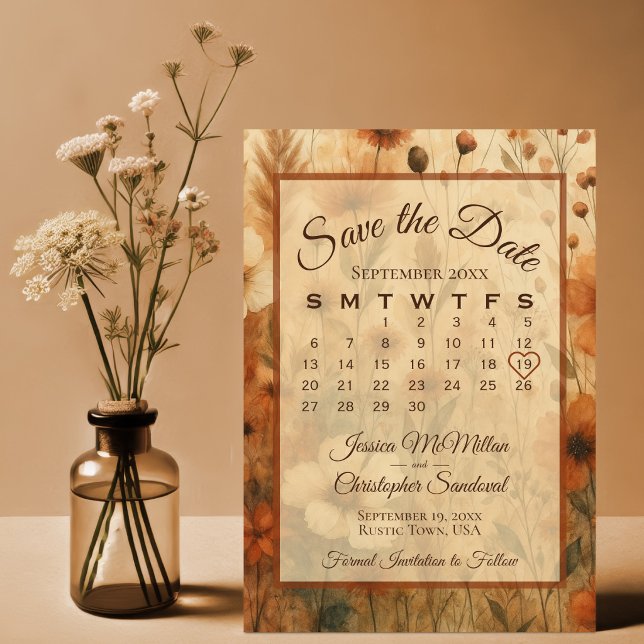 Burnt Sienna Boho Chic Flowers Calendar Wedding Save The Date (Creator Uploaded)