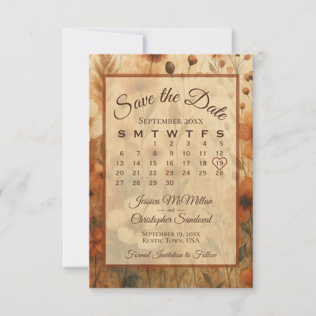 Burnt Sienna Boho Chic Flowers Calendar Wedding Save The Date (Front)