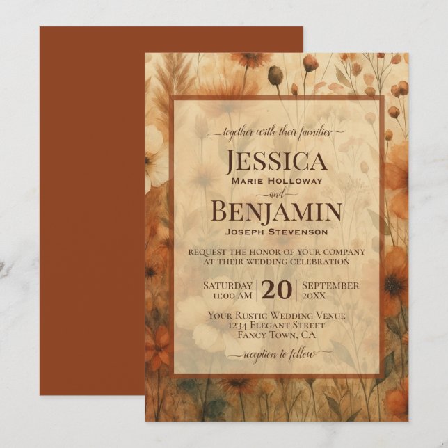 Burnt Sienna Boho Chic Wildflowers Stylish Wedding Invitation (Front/Back)
