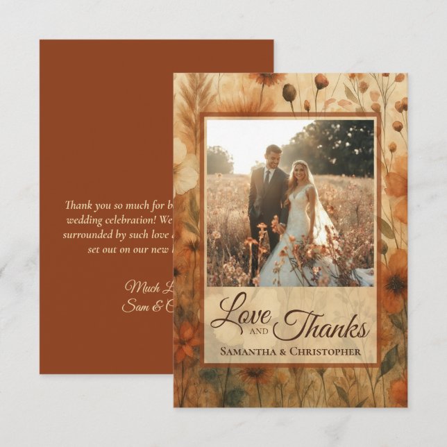 Burnt Sienna Boho Wildflowers Photo & Note Wedding Thank You Card (Front/Back)