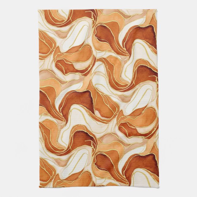 Burnt Sienna Gold Marble Abstract Fluid Kitchen Towel (Vertical)