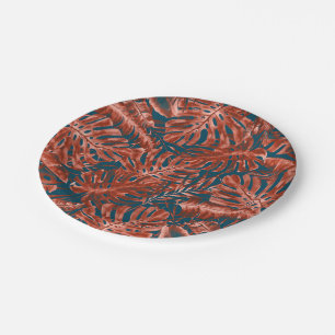 Burnt Sienna & Teal Tropical Palm Leaves Wedding Paper Plate