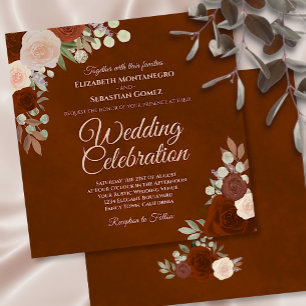 Burnt Umber Elegant Rust & Coral Roses Wedding Invitation