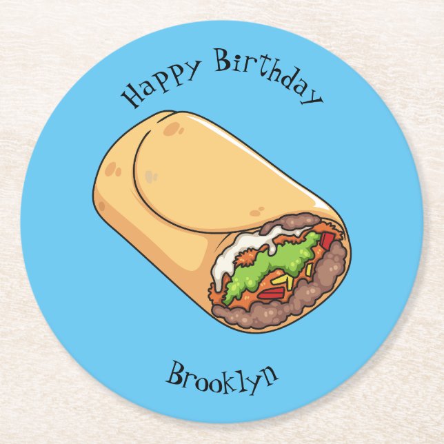 Burrito cartoon illustration round paper coaster (Front)
