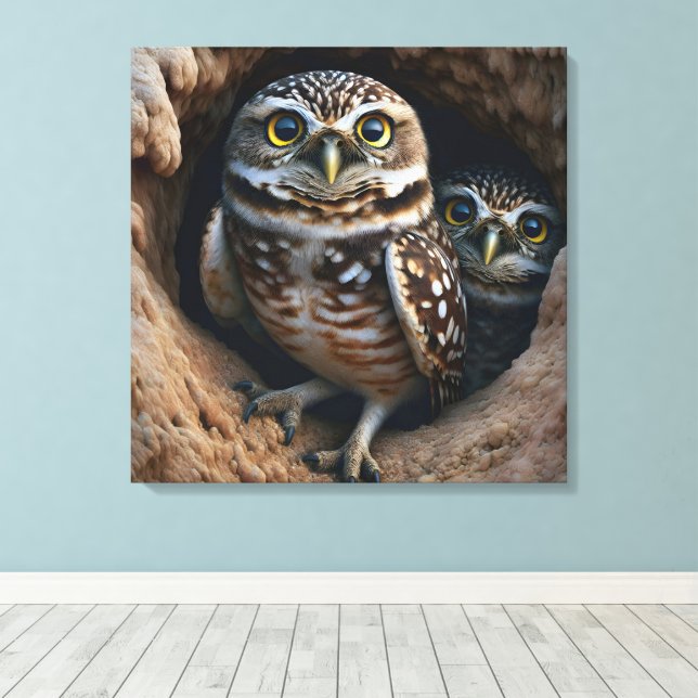 Burrowing Owls In a Dirt Hole Canvas Print (Insitu(Wood Floor))