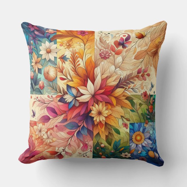 “Burst of Nature: Symmetrical Floral Illustration” Throw Pillow (Front)