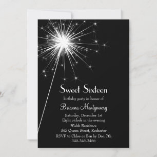 Burst of Sparkles Sweet Sixteen Invitation (black)