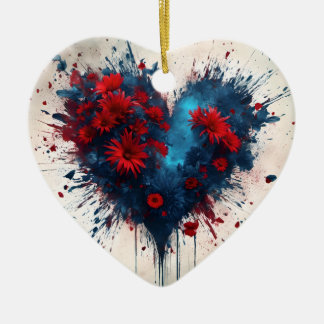 Bursting Blue Heart with Red Flowers Ceramic Ornament