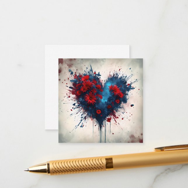 Bursting Blue Heart with Red Flowers Enclosure Card (Front/Back In Situ)