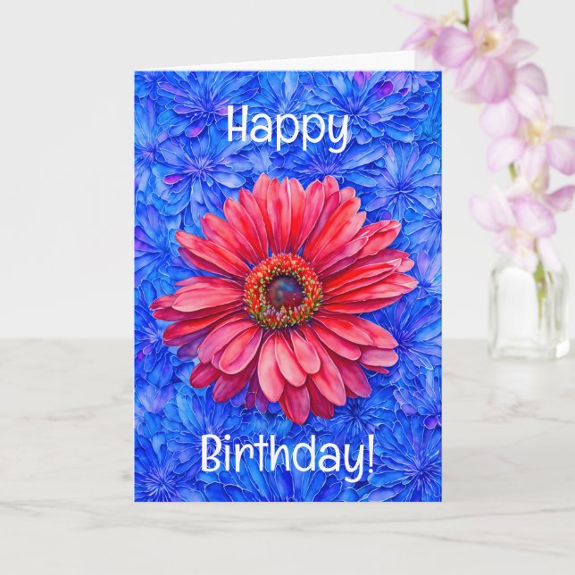Bursting Daisy Flowers Red Daisy Art Birthday Card (Orchid)