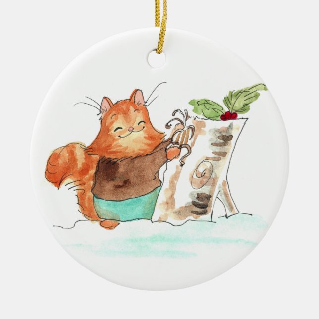 Burt and the Yule Log Ceramic Ornament (Front)