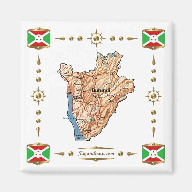 Burundi Map + Flags Magnet (Front)