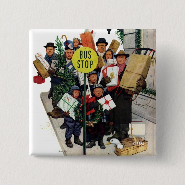 Bus Stop at Christmas 2 Inch Square Button (Front)