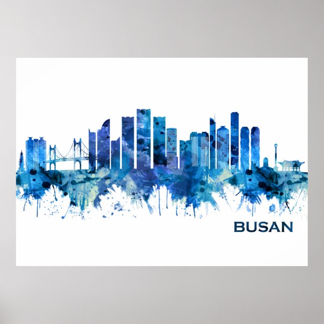 Busan South Korea Skyline Blue Poster (Front)