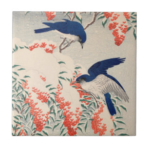 Bush and Fly Catchers in Snow by Ohara Koson Tile