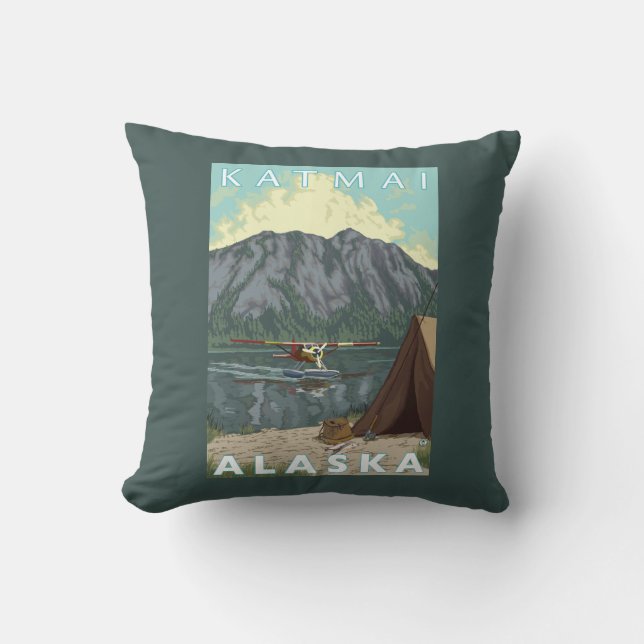 Bush Plane & Fishing - Katmai, Alaska Throw Pillow (Front)