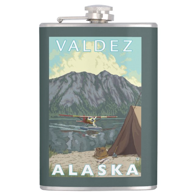 Bush Plane & Fishing - Valdez, Alaska Hip Flask (Front)