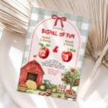 Bushel of Fun Apple Sibling Birthday Gingham Party Invitation<br><div class="desc">Editable Bushel of Fun Sibling Birthday,  Apple Orchard Birthday Invitation,  Autumn Red Plaid Apple Kid's Birthday,  Apple and Tractor Invite</div>