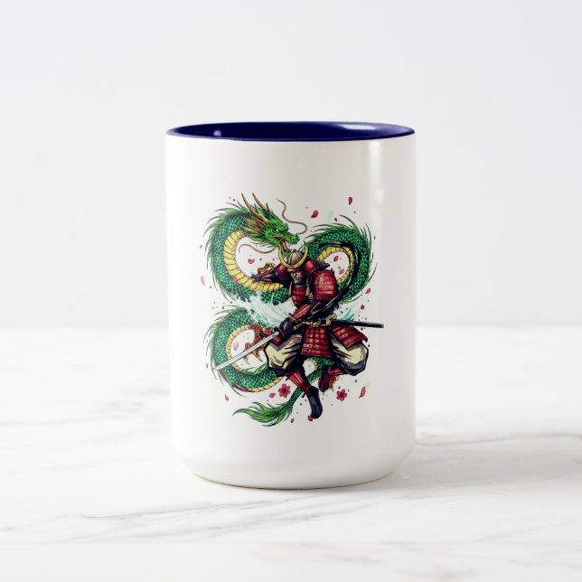 Bushido Code Samurai with Dragon & Sakura Blossoms Two-Tone Coffee Mug (Center)