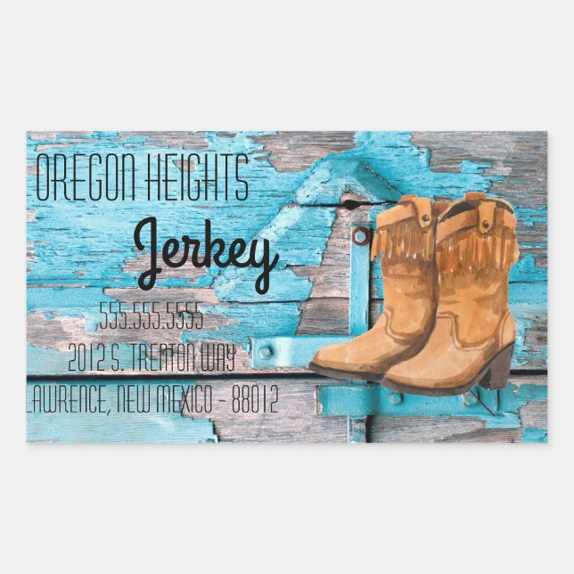 Business Address Stickers Blue Wood Barn Door Boot (Front)