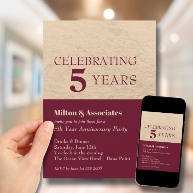 Business Anniversary Burgundy Gold Invitation (Change to ANY YEAR. Order printed and instant download (great to email as a reminder.))