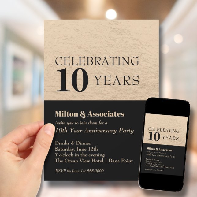Business Anniversary Celebration Black & Gold Invitation (Change to ANY YEAR. Order printed and instant download (great to email as a reminder.))